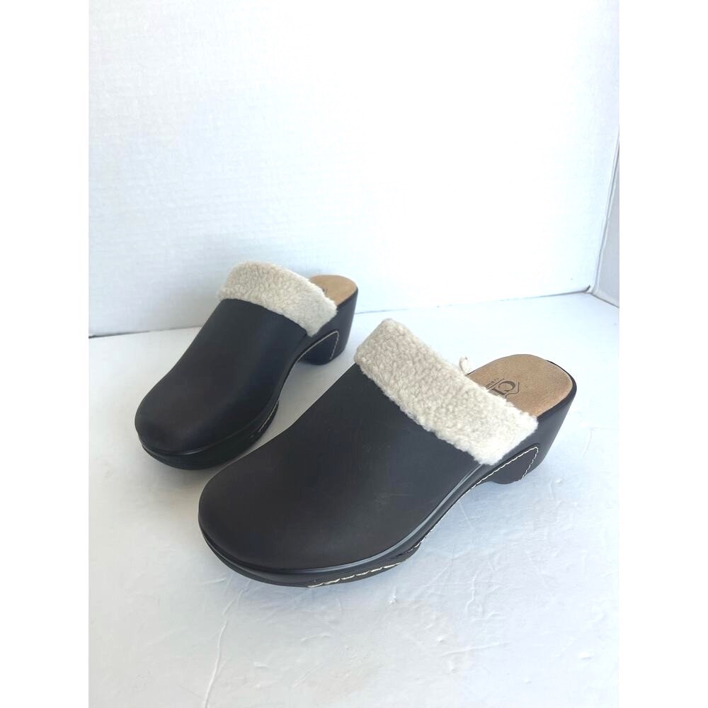 Cliffs by White Mountain Brown w/ Cream Sherpa Lined Vegan Leather Clog Mules 8